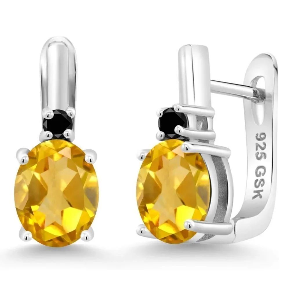 925 Sterling Silver and 2.43 Cttw Yellow Citrine and Black Diamond Oval Earrings